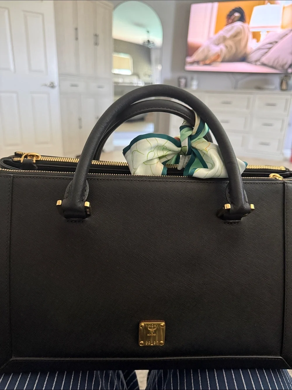 MCM Black Leather Shoulder Bag with Gold Logo Plate
